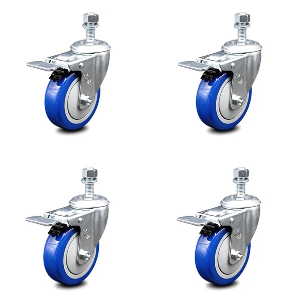 Service Caster 4 Inch Blue Polyurethane Swivel 1/2 Inch Stem Caster Set with Total Lock Brake SCC-TSTTL20S414-PPUB-BLUE-121315-4 - main